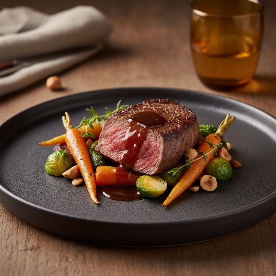 Plat dressé minute, légumes de saison et sauce travaillée